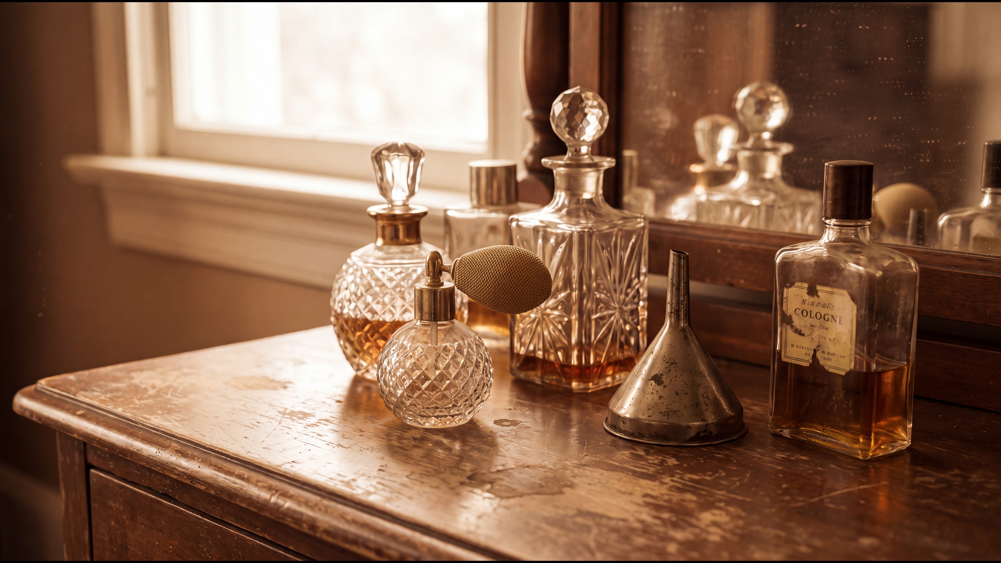 شیشه‌های عطر و ادکلن قدیمی دهه شصت با درپوش تراش‌دار روی میز آرایش چوبی