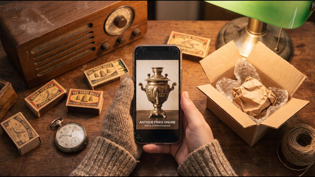 خرید اینترنتی عتیقه: گوشی با عکس سماور قدیمی کنار اشیای قدیمی واقعی و جعبه ارسال