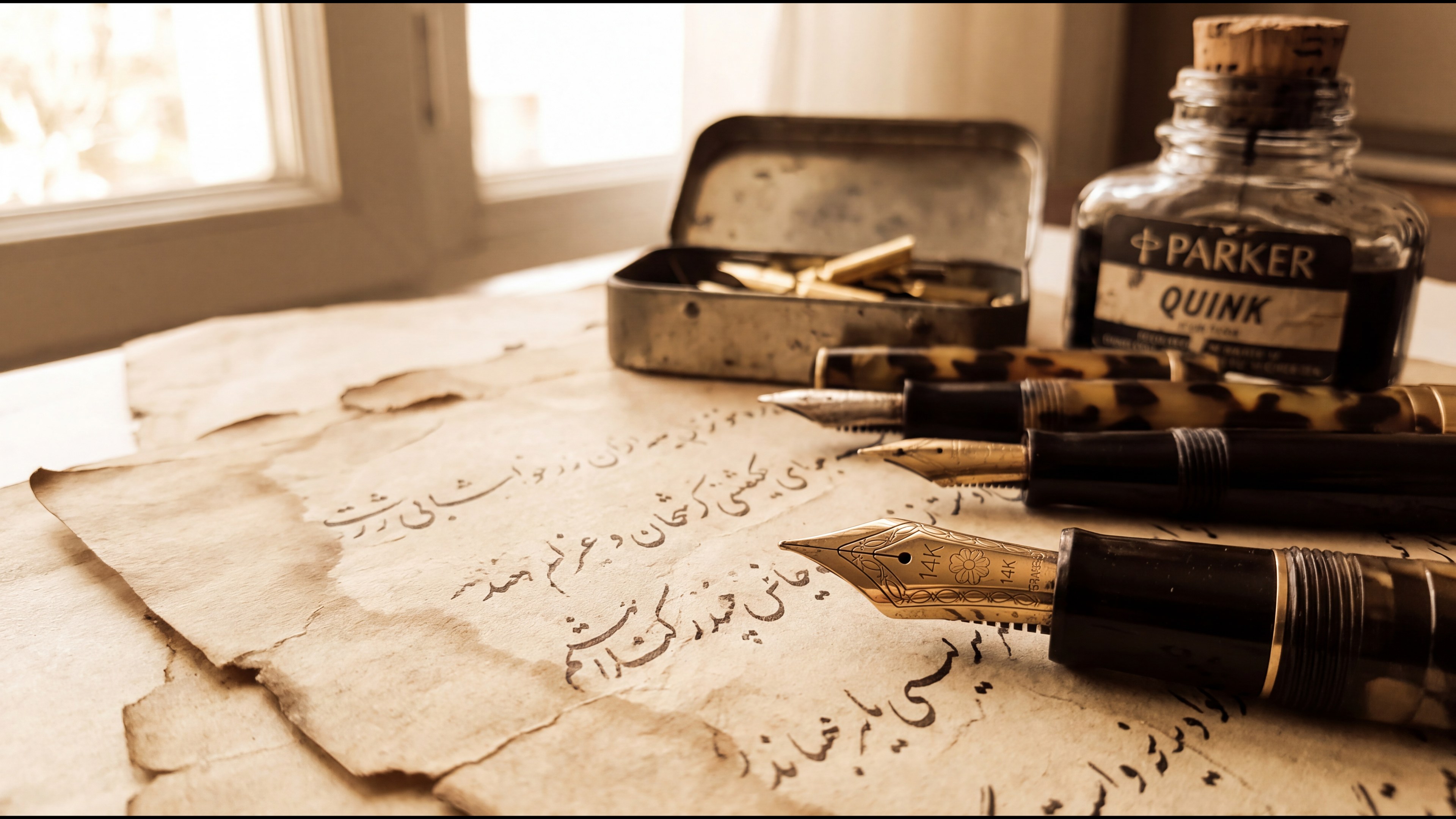 خودنویس قدیمی با نوک طلای ۱۴ عیار و نوک‌های یدکی کنار شیشه جوهر
