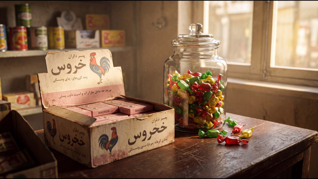 جعبه آدامس خروس‌نشان و آبنبات‌های قدیمی روی پیشخوان چوبی بقالی