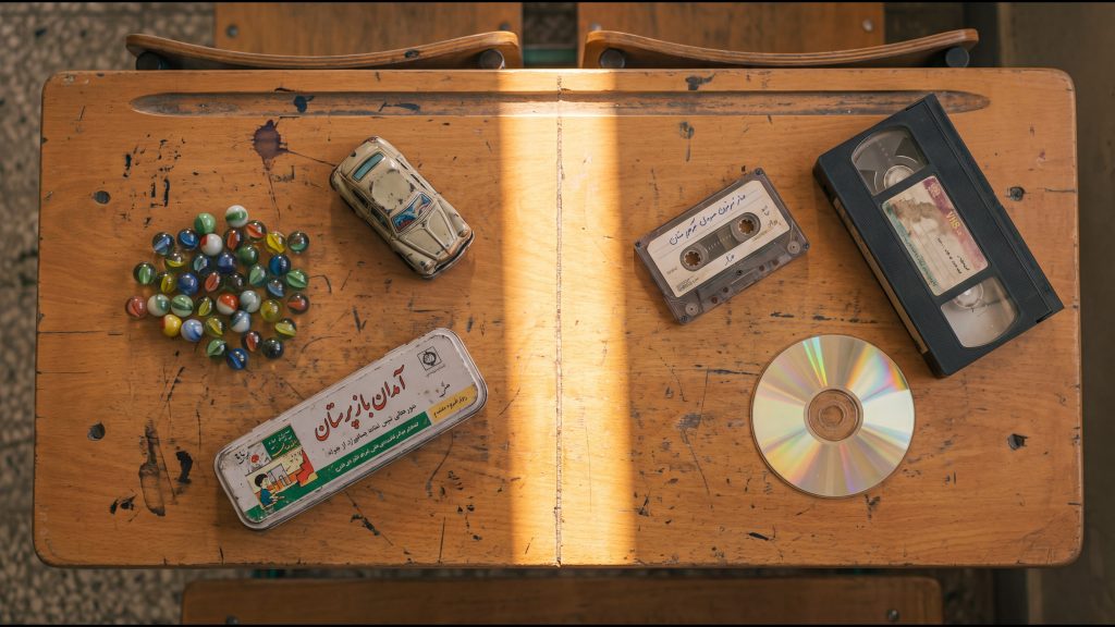 دو جهان متولد ۱۳۷۰: تیله و ماشین فلزی و جامدادی کنار نوار کاست و VHS و سی‌دی