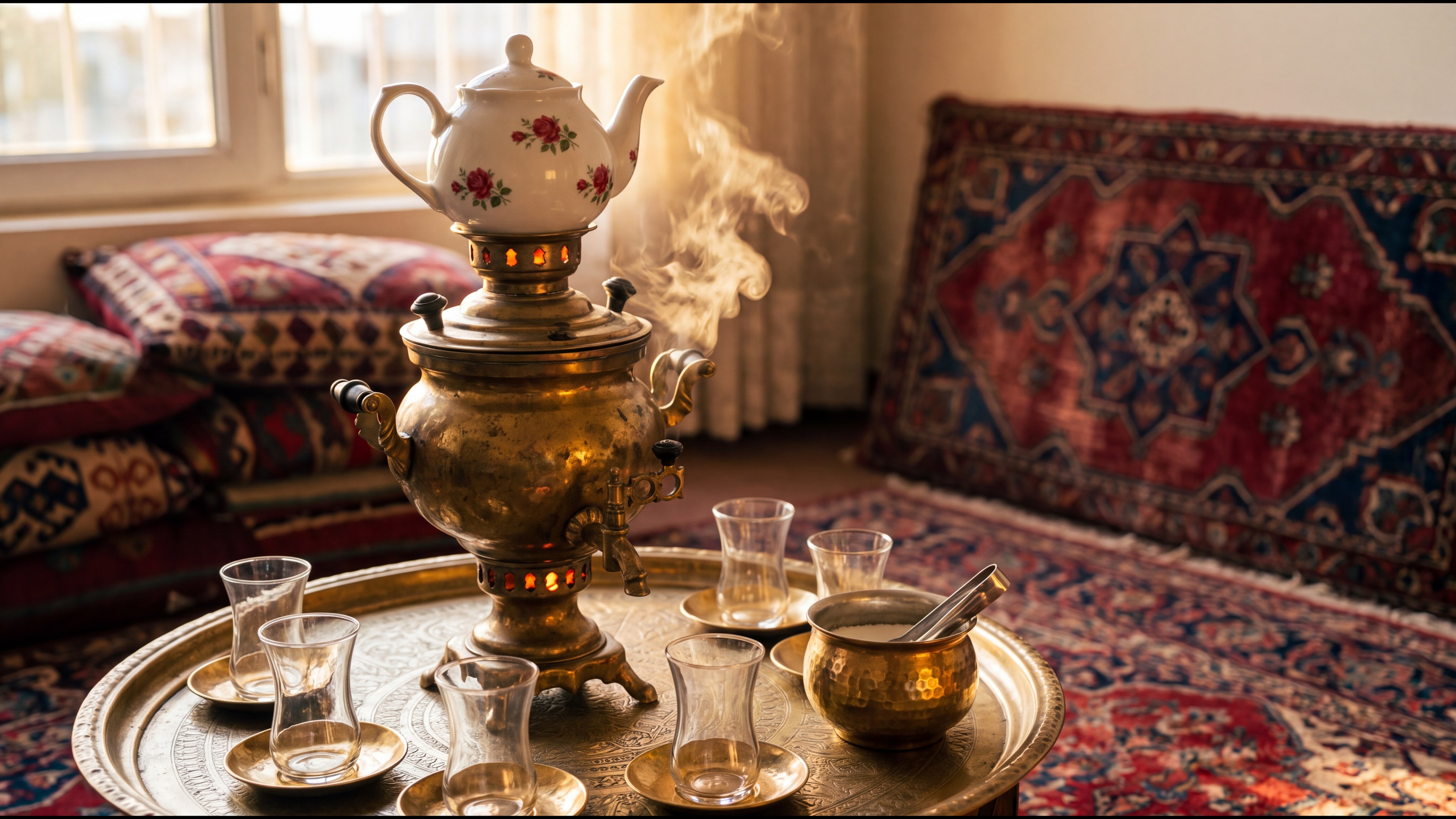 سماور برنجی ذغالی قدیمی با قوری گل‌قرمزی و استکان کمر باریک روی سینی برنجی