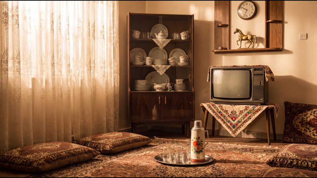 پذیرایی خانه دهه شصت با بوفه چینی، تلویزیون روتختی‌دار، فلاسک گل‌دار و فرش ایرانی