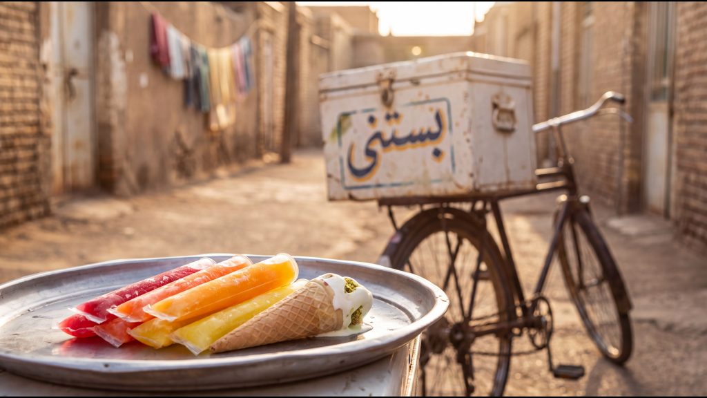 یخمک‌های رنگی و بستنی قیفی کنار صندوق فلزی بستنی‌فروش دوره‌گرد — تابستان دهه شصت