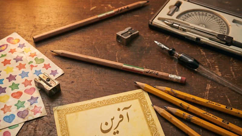 لوازم‌التحریر دهه ۶۰ — مداد پرچمی، مداد تراش، دوات مرکب و کارت آفرین
