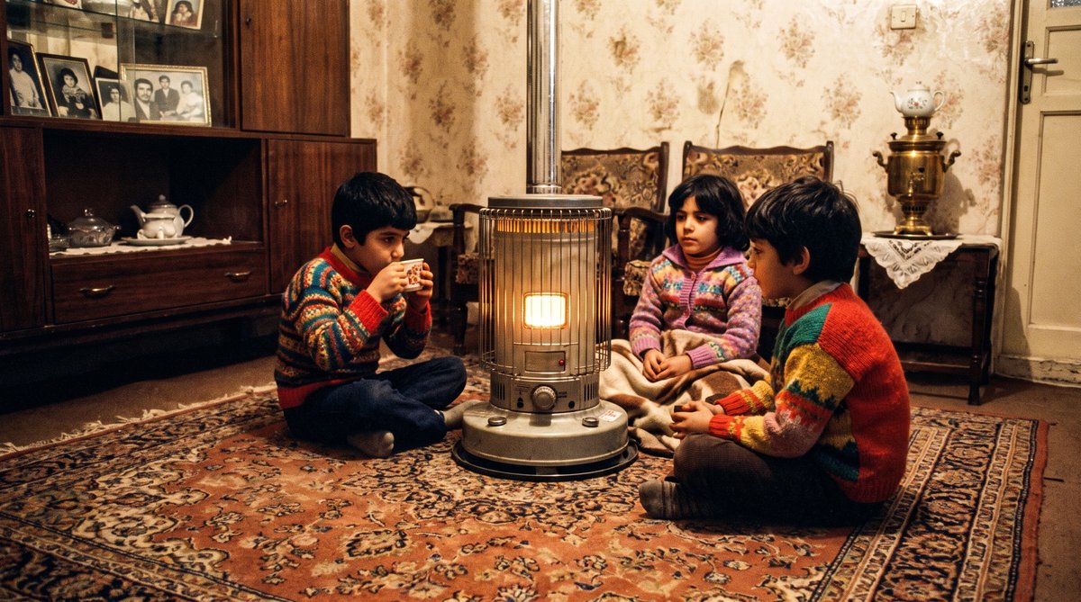 بچه‌های دهه ۶۰ کنار بخاری نفتی با ژاکت بافتنی