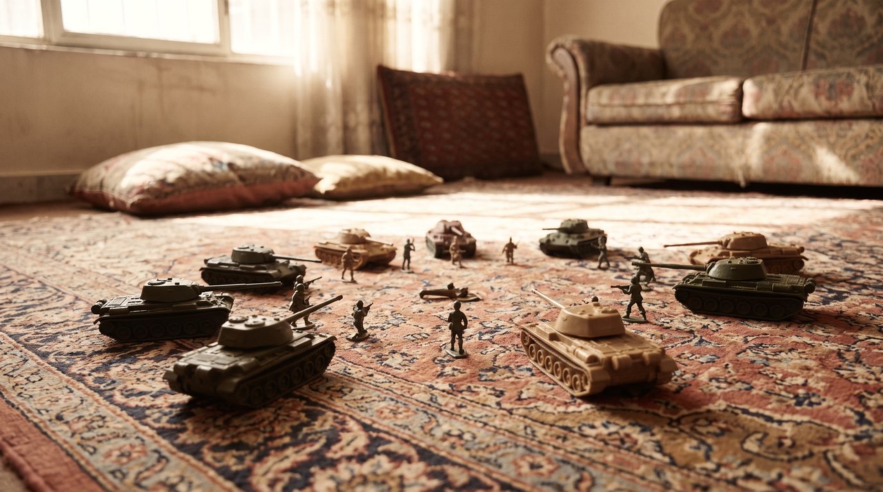 ماکت تانک و سرباز دهه ۶۰ روی قالی ایرانی