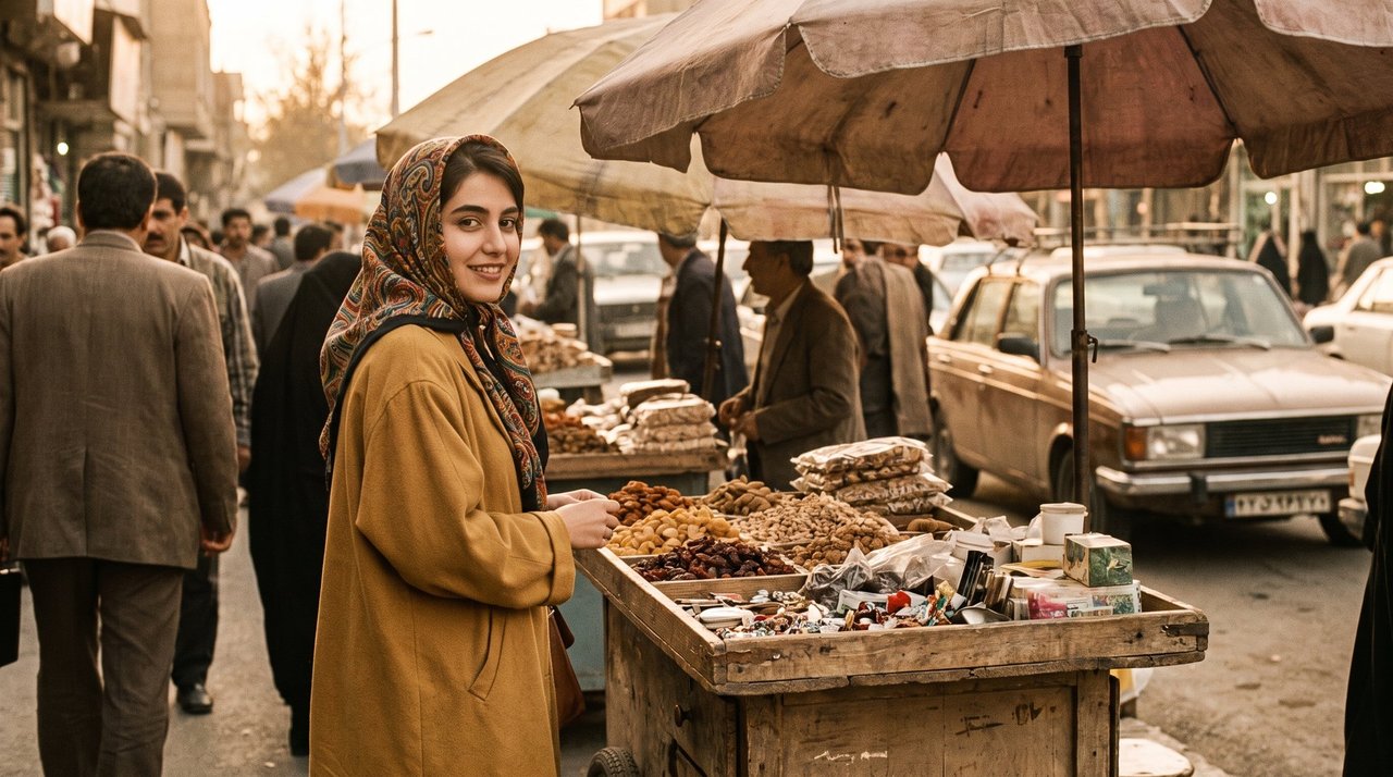 زنی با تیپ دهه ۷۰ ایران، مانتوی رنگی و روسری، خیابان ایران دهه هفتاد شمسی