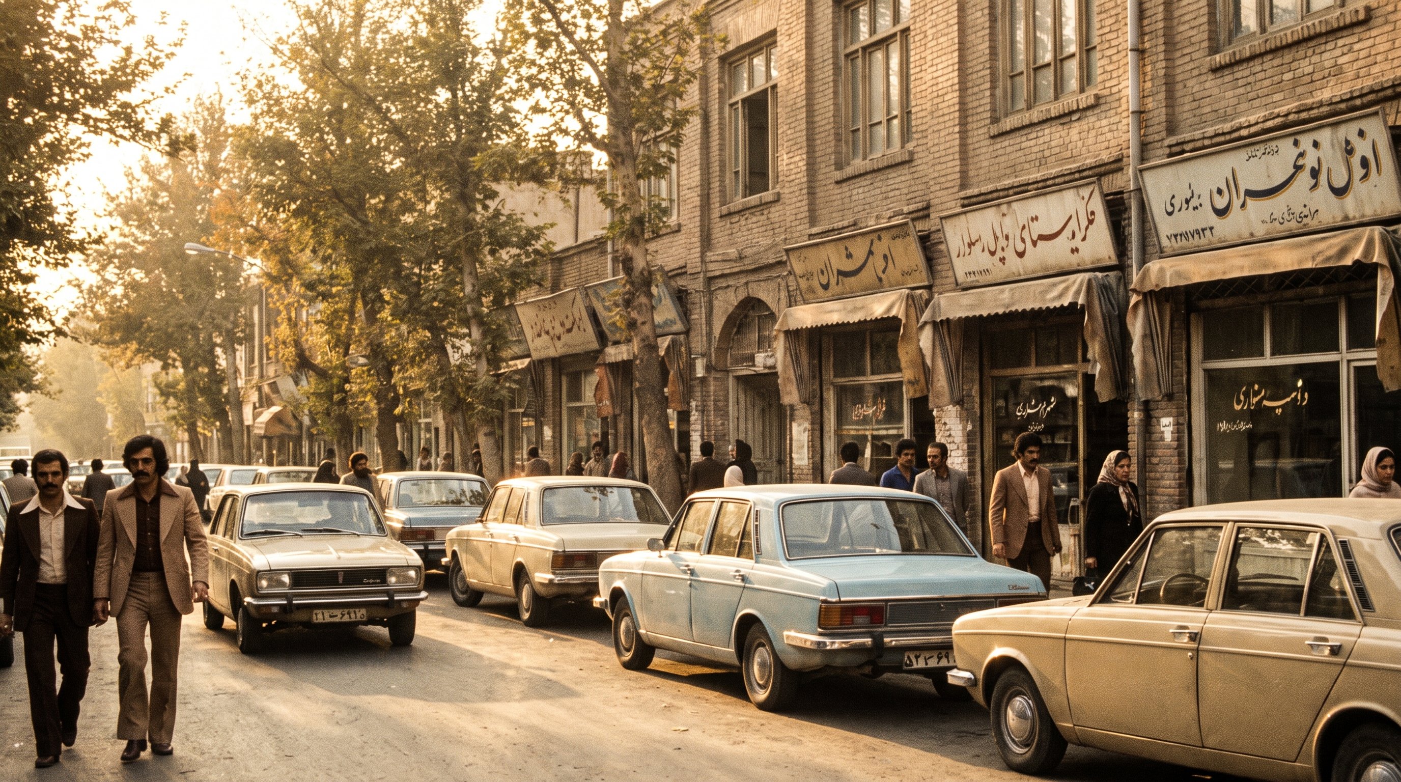 خیابان تهران دهه پنجاه شمسی با ماشین‌های پیکان و مغازه‌های قدیمی