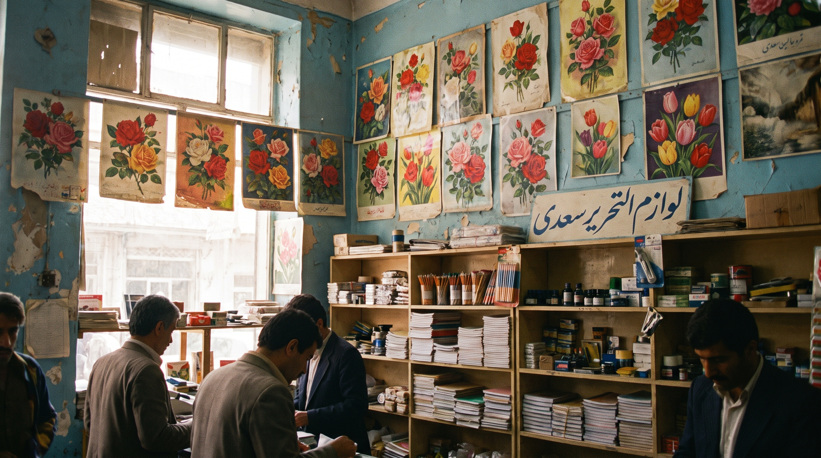 پوسترهای گل دهه ۶۰ در مغازه لوازمالتحریر قدیمی